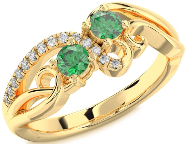 Diamond Emerald Gold Silver Round Two Stone Birthstone Ring