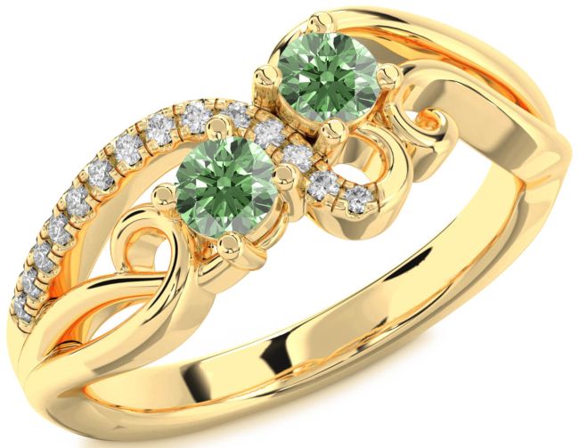 Green Diamond Gold Silver Round Two Stone Ring