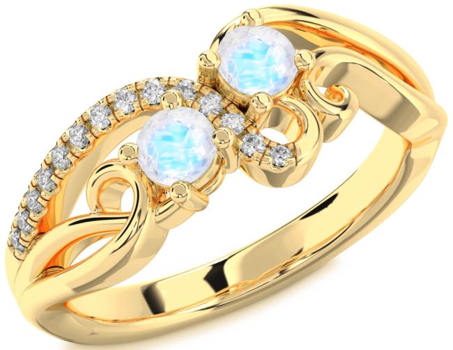 Diamond Moonstone Gold Silver Round Two Stone Ring