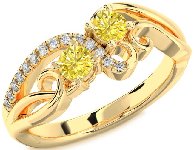 Yellow Diamond Gold Silver Round Two Stone Ring