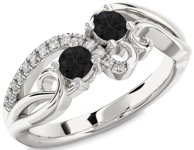 Black Diamond Silver Round Two Stone Ring