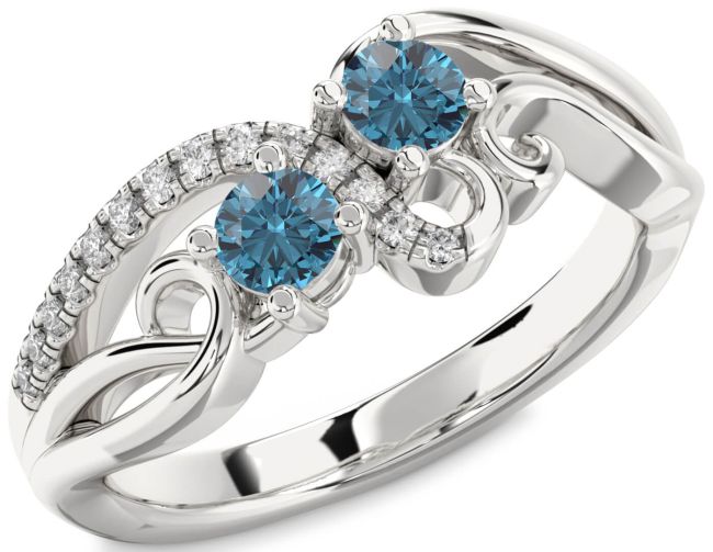 Blue Diamond Silver Round Two Stone Ring