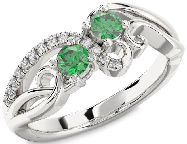 Diamond Emerald Silver Round Two Stone Birthstone Ring