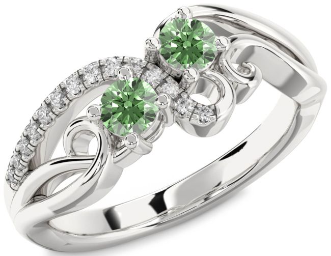 Green Diamond Silver Round Two Stone Ring