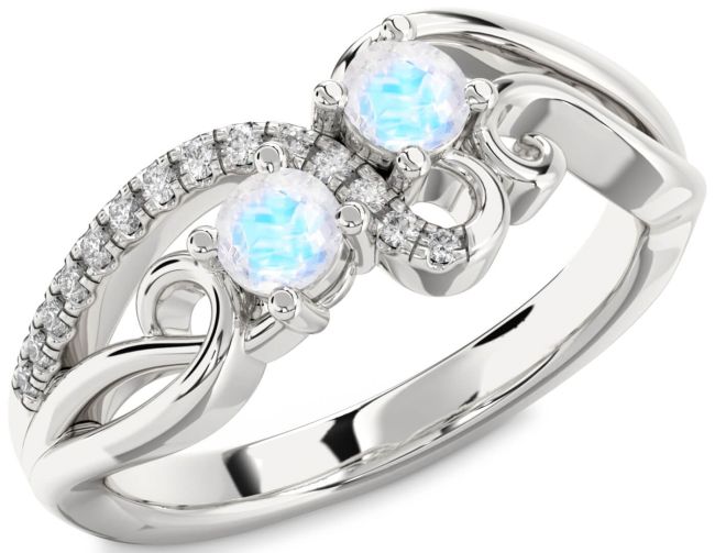 Diamond Moonstone Silver Round Two Stone Ring
