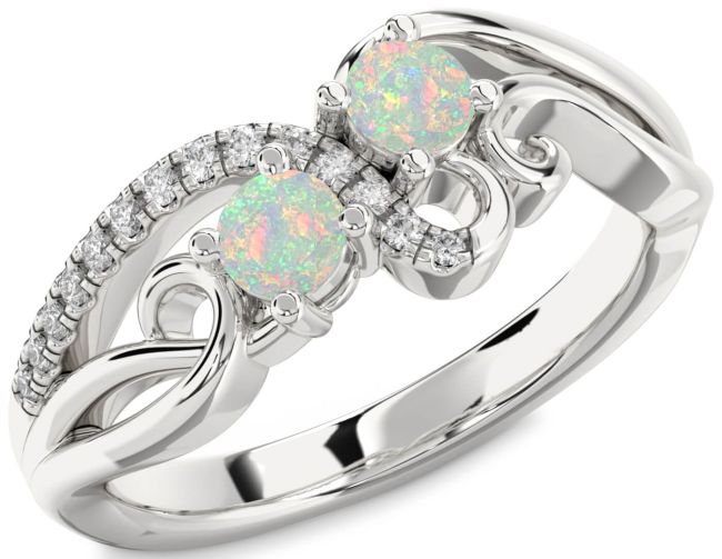 Diamond Opal Silver Round Two Stone Birthstone Ring