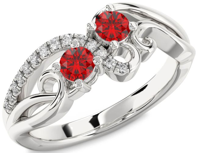 Diamond Ruby Silver Round Two Stone Birthstone Ring