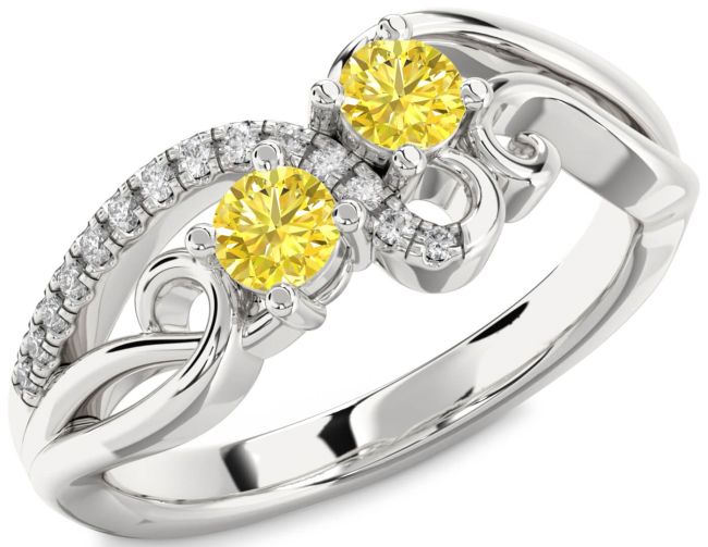 Yellow Diamond Silver Round Two Stone Ring