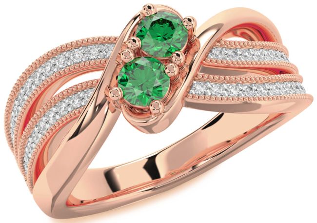 Diamond Emerald Rose Gold Round Two Stone Birthstone Ring