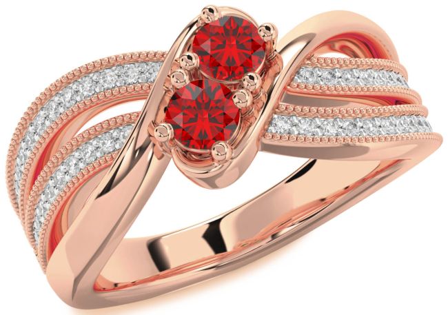 Diamond Ruby Rose Gold Round Two Stone Birthstone Ring