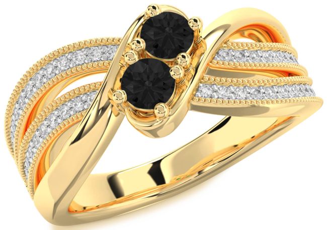 Black Diamond Gold Silver Round Two Stone Ring