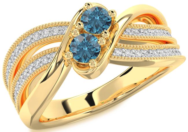 Blue Diamond Gold Silver Round Two Stone Ring