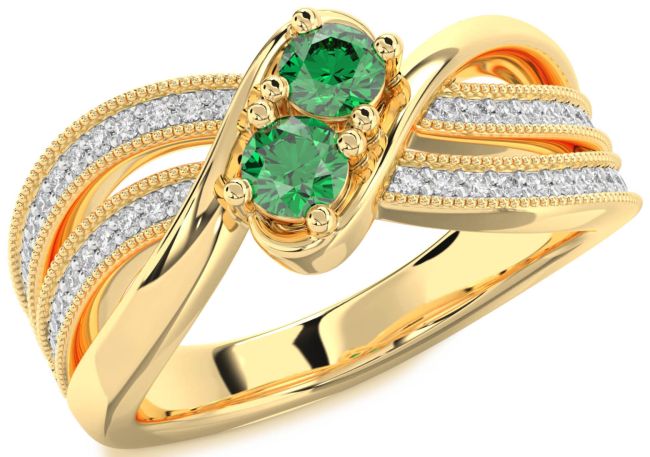 Diamond Emerald Gold Round Two Stone Birthstone Ring