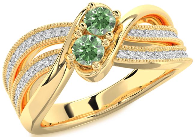 Green Diamond Gold Silver Round Two Stone Ring