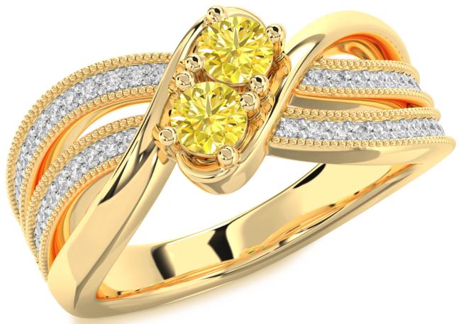 Yellow Diamond Gold Silver Round Two Stone Ring