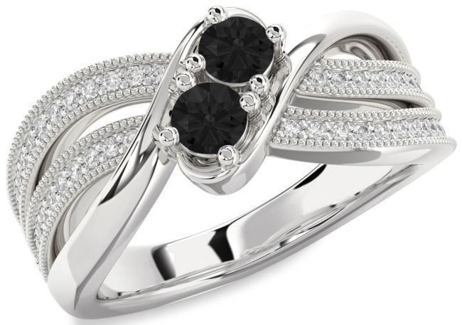 Black Diamond Silver Round Two Stone Ring