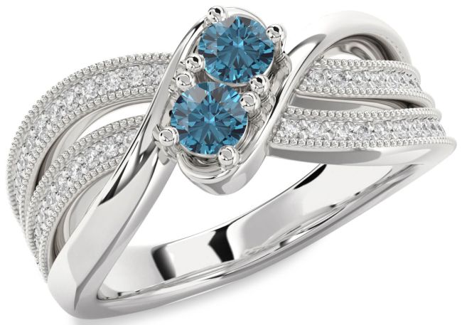 Blue Diamond Silver Round Two Stone Ring