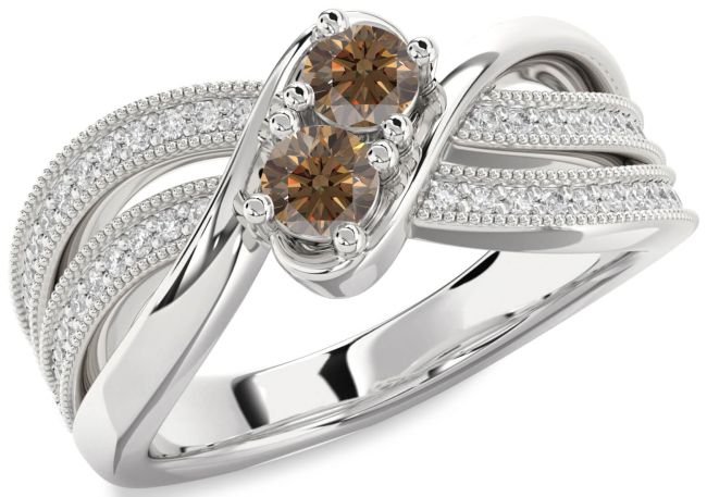 Chocolate Brown Diamond Silver Round Two Stone Ring