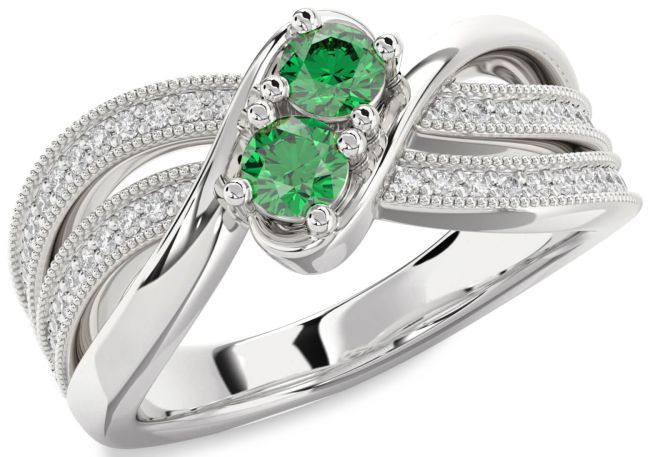 Diamond Emerald Silver Round Two Stone Birthstone Ring