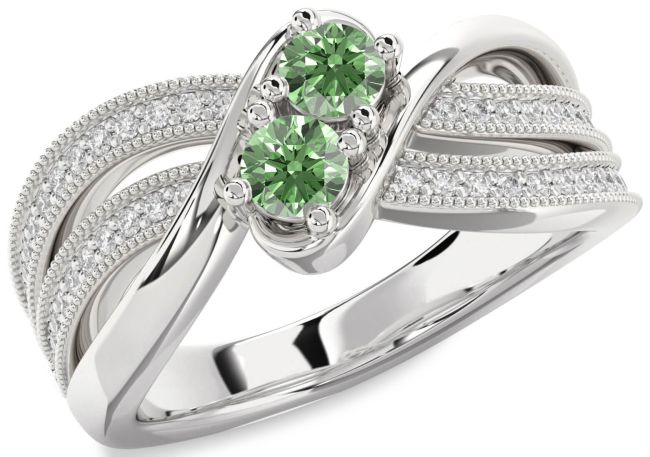 Green Diamond Silver Round Two Stone Ring