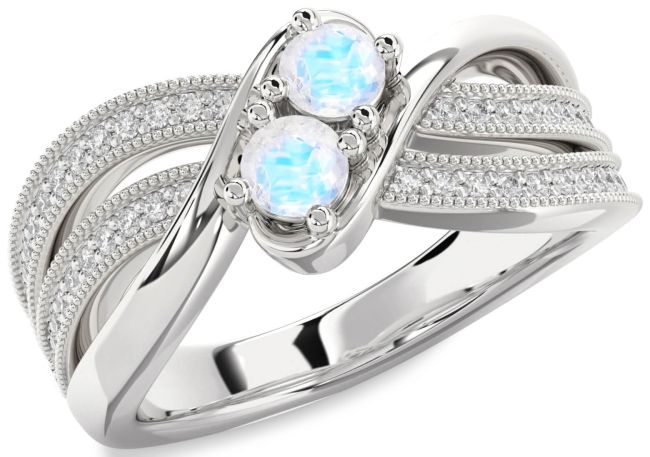 Diamond Moonstone Silver Round Two Stone Ring