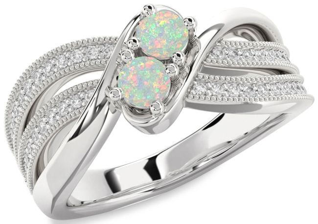 Diamond Opal Silver Round Two Stone Birthstone Ring