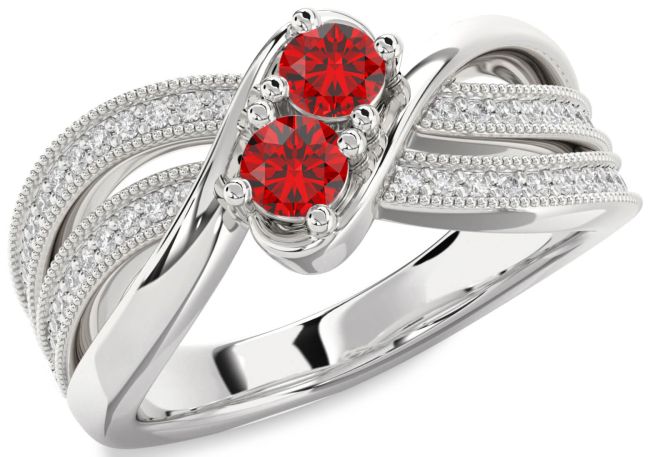 Diamond Ruby Silver Round Two Stone Birthstone Ring