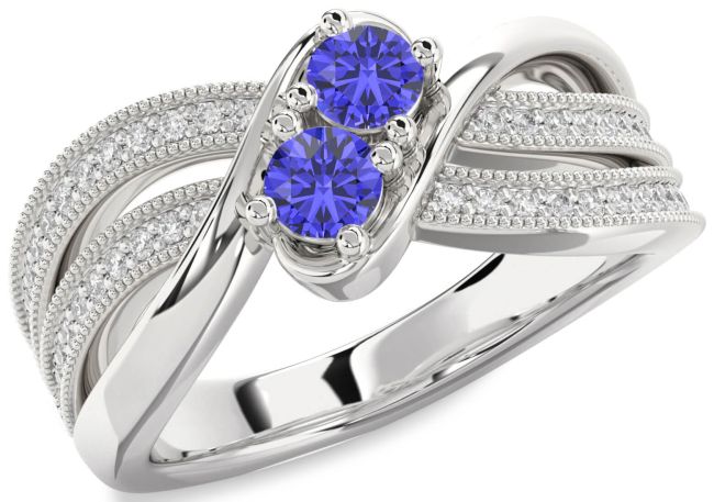 Diamond Tanzanite Silver Round Two Stone Ring