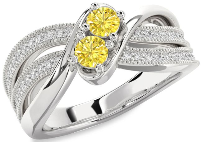 Yellow Diamond Silver Round Two Stone Ring