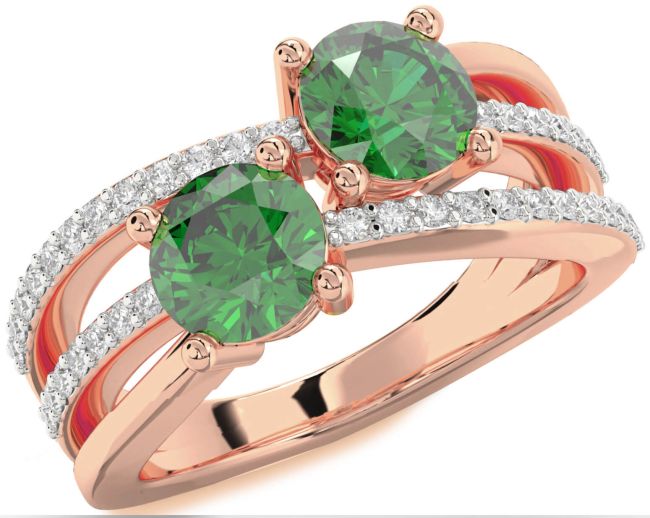 Diamond Emerald Rose Gold Round Two Stone Birthstone Ring