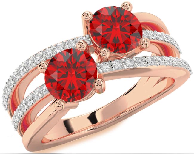 Diamond Ruby Rose Gold Round Two Stone Birthstone Ring