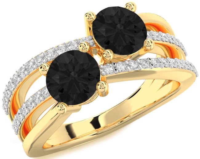 Black Diamond Gold Silver Round Two Stone Ring