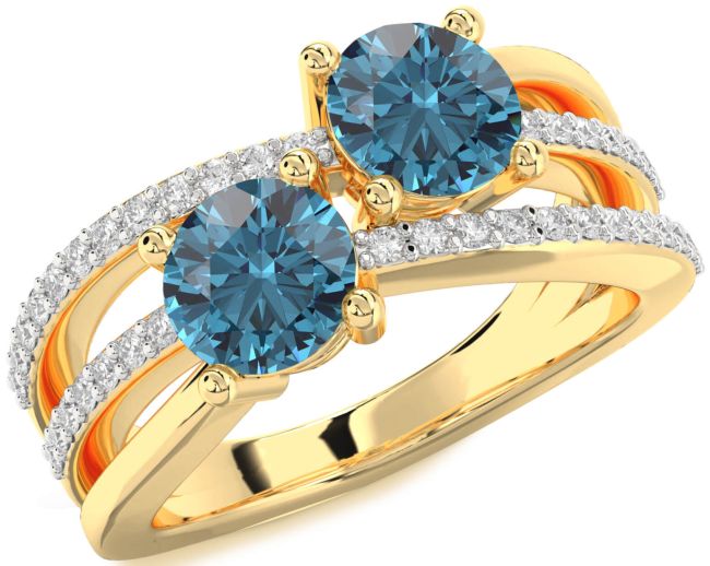 Blue Diamond Gold Silver Round Two Stone Ring