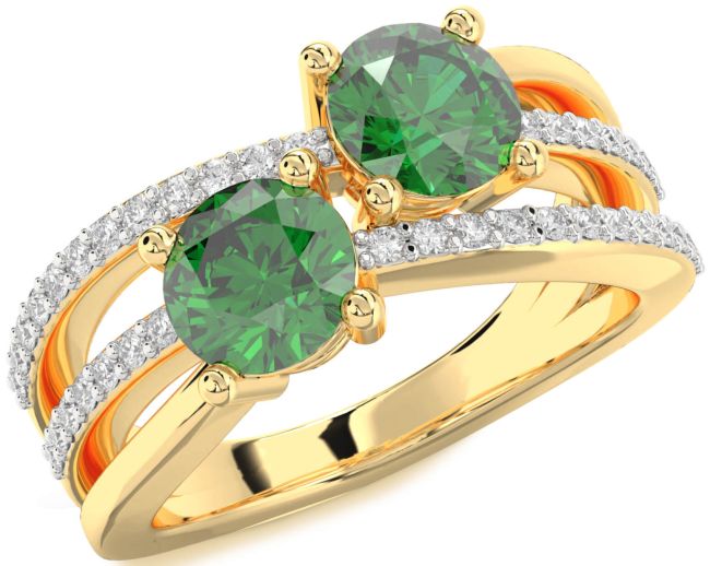 Diamond Emerald Gold Round Two Stone Birthstone Ring