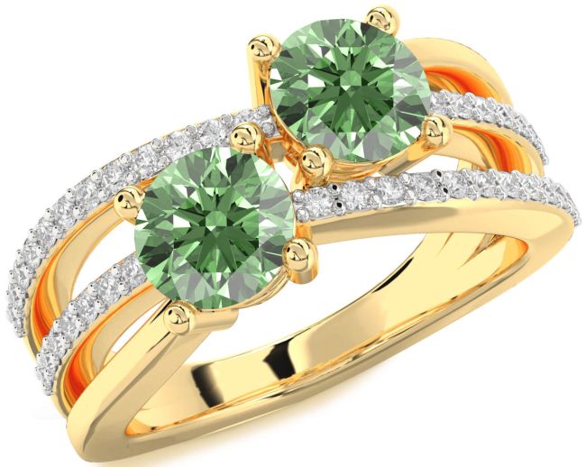 Green Diamond Gold Silver Round Two Stone Ring