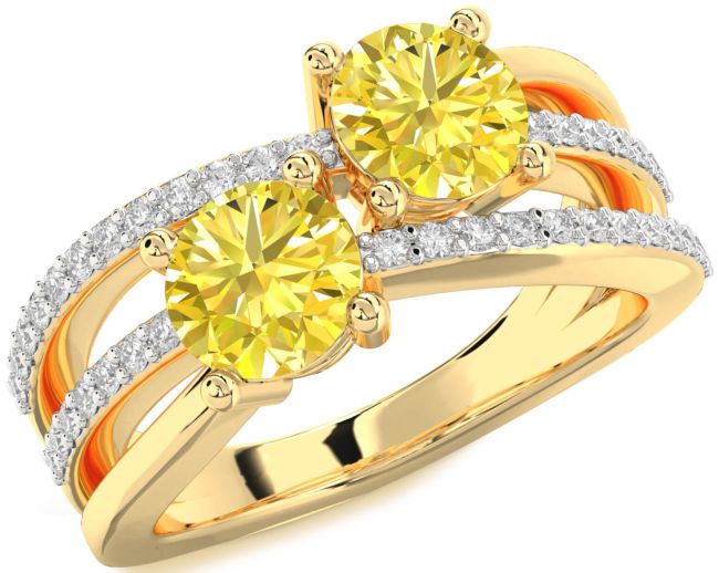 Yellow Diamond Gold Silver Round Two Stone Ring