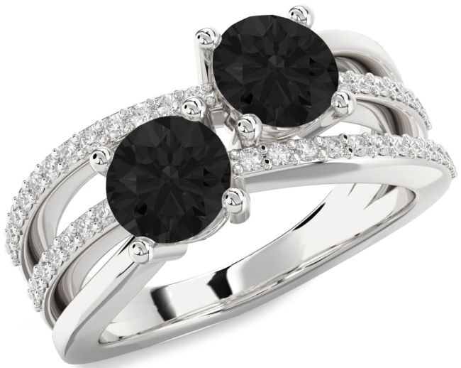 Black Diamond Silver Round Two Stone Ring