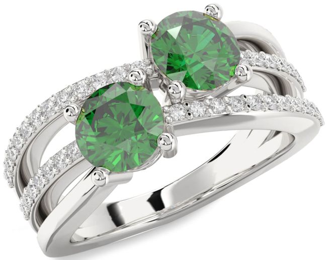 Diamond Emerald Silver Round Two Stone Birthstone Ring