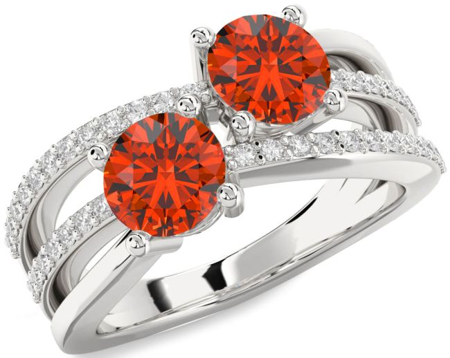 Diamond Fire Opal Silver Round Two Stone Ring