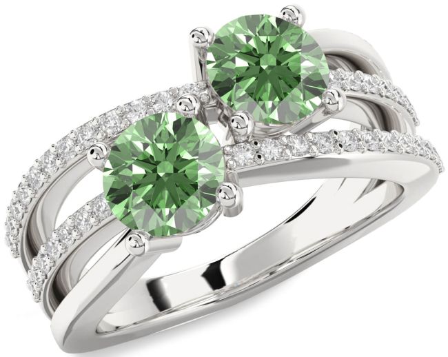 Green Diamond Silver Round Two Stone Ring