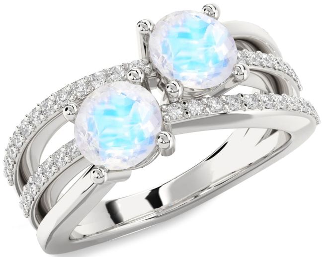 Diamond Moonstone Silver Round Two Stone Ring