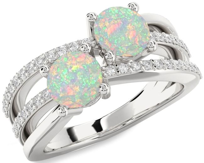 Diamond Opal Silver Round Two Stone Birthstone Ring