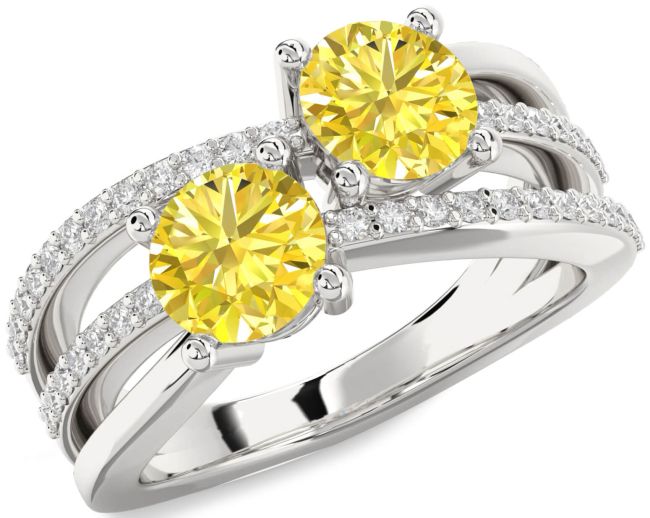 Yellow Diamond Silver Round Two Stone Ring