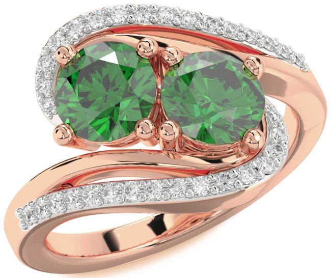 Diamond Emerald Rose Gold Round Two Stone Birthstone Ring