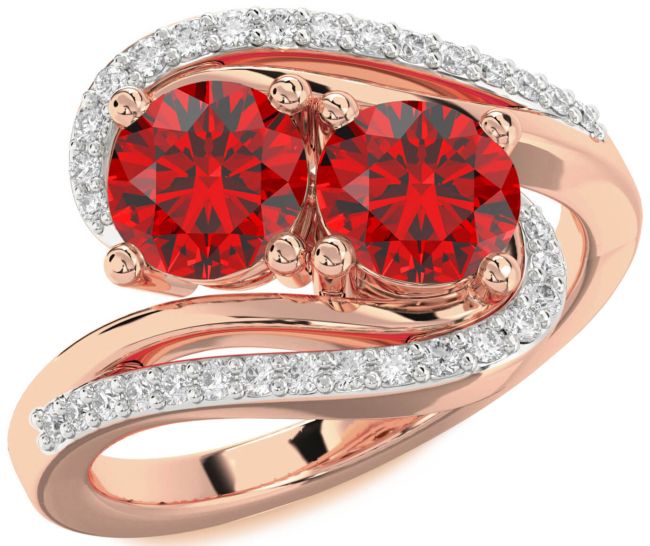 Diamond Ruby Rose Gold Round Two Stone Birthstone Ring