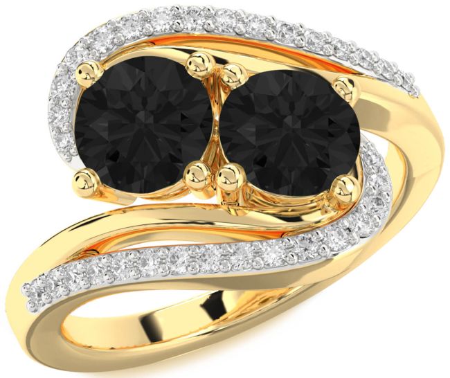 Black Diamond Gold Silver Round Two Stone Ring