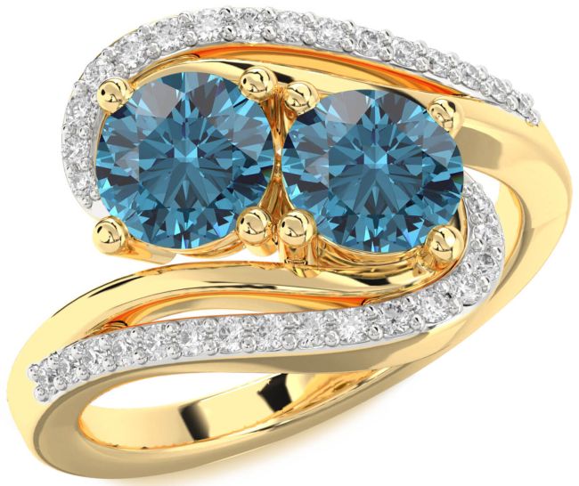 Blue Diamond Gold Silver Round Two Stone Ring