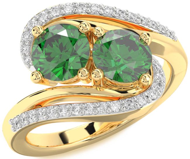 Diamond Emerald Gold Round Two Stone Birthstone Ring