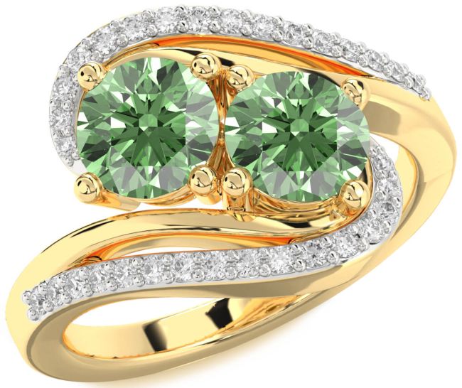 Green Diamond Gold Silver Round Two Stone Ring