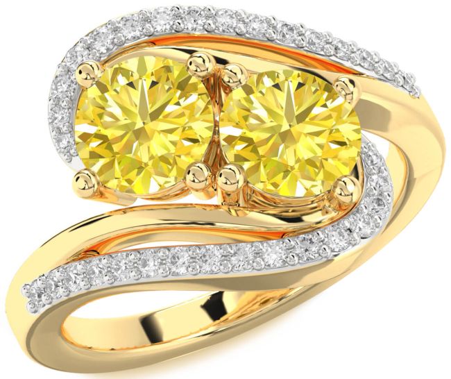 Yellow Diamond Gold Silver Round Two Stone Ring
